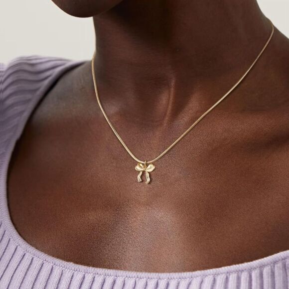 Gold Bow Necklace, 14K Gold-Plated Necklace, Dainty Pendant Gift Minimalist - Picture 3 of 6